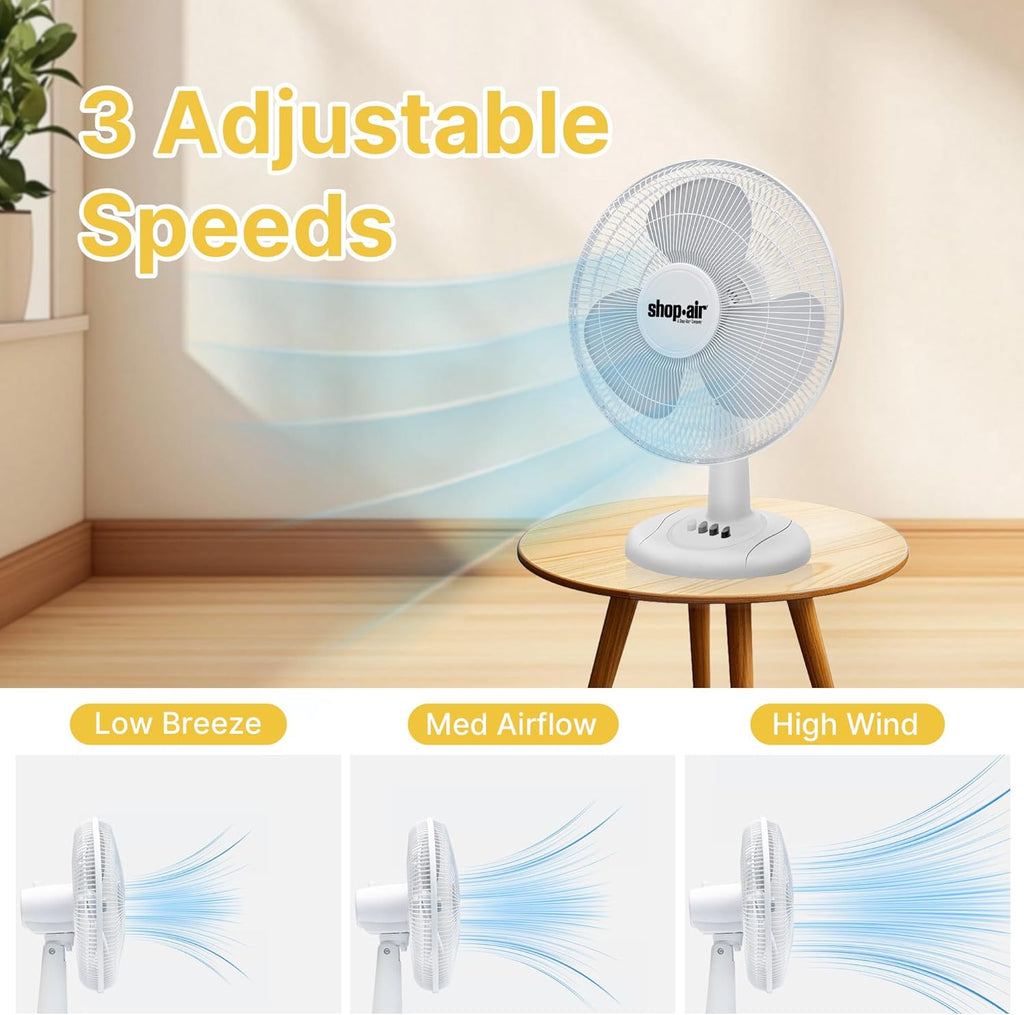 Shop-Air 12" Oscillating Table Fan - High-Velocity, Quiet Air Circulation | 3 Speeds & 70° Adjustable Tilt, White