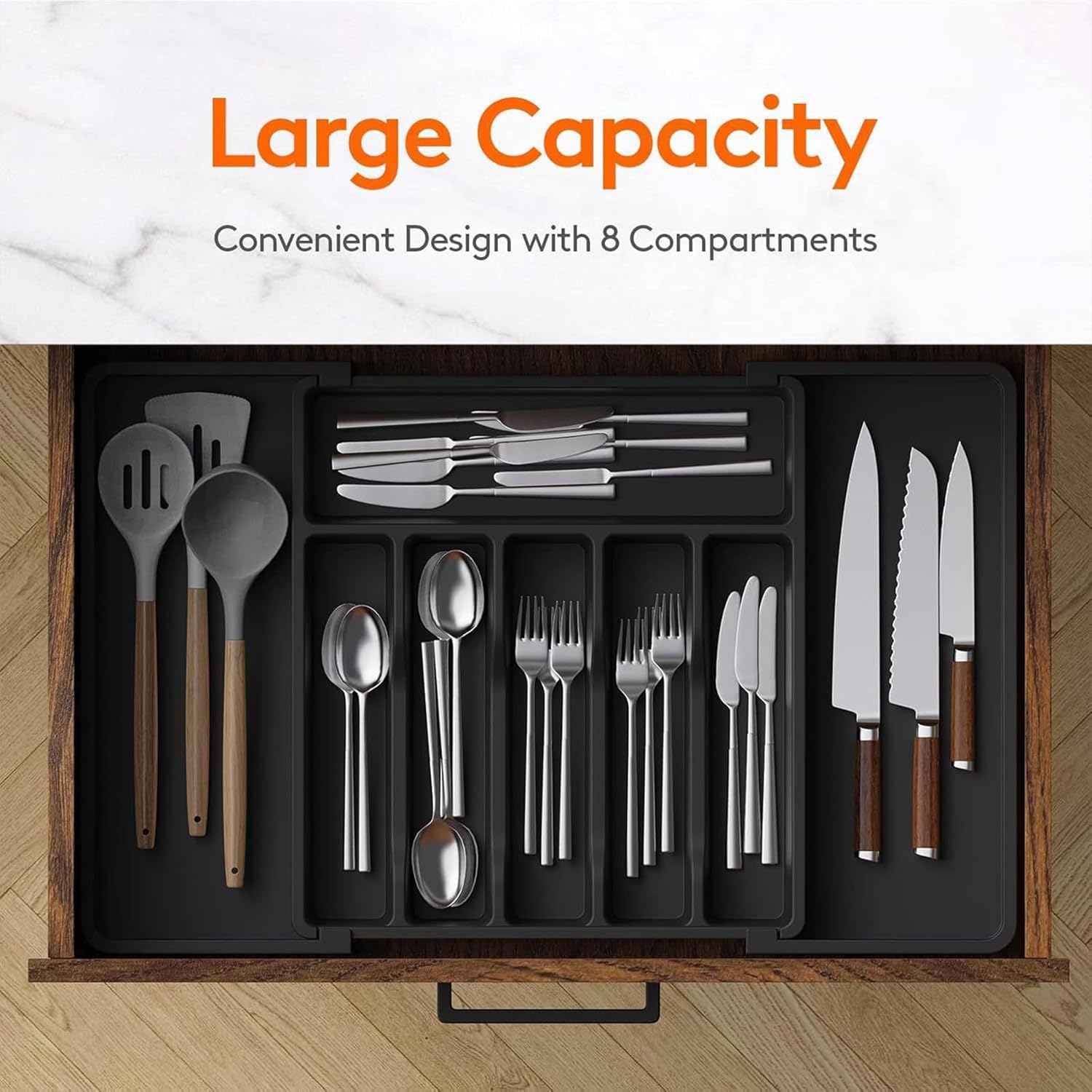 Skiennix Large Expandable Silverware Organizer - BPA-Free Adjustable Utensil Tray for Kitchen Drawers | Cutlery Holder for Forks, Knives & Spoons