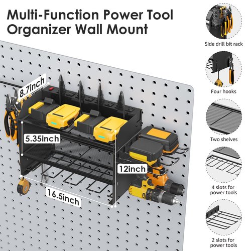 CCCEI Modular Power Tool Organizer Wall Mount Charging Station, Black 6 Drills Holder with 8 Plug Power Strip 10FT, Garage Drill Battery Heavy Duty Metal Shelf, Utility Rack with Hooks, Side Storage.