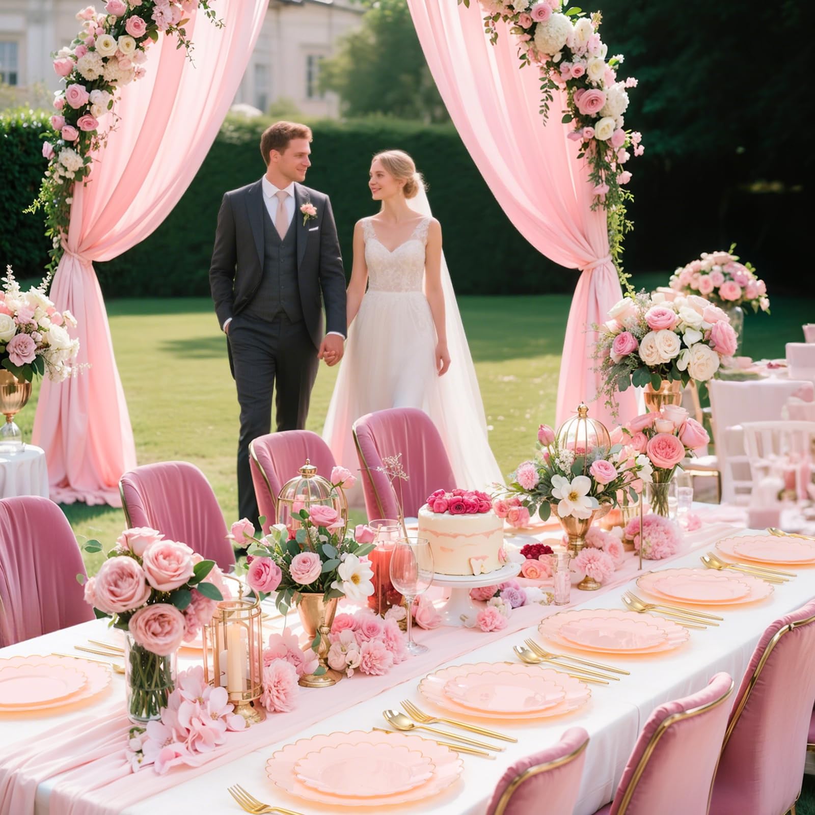 LIYH 120 Pcs Pink Plastic Plates Disposable Set Includes 60 Dinner Plate 10.25" & 60 Dessert Plate 7.5" with Elegant Gold Rim for Party Birthday Baby Shower Easter