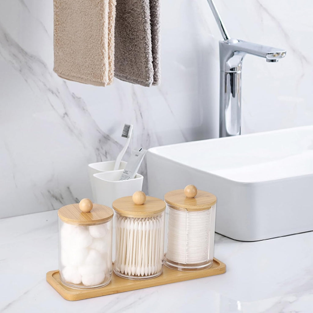 Tbestmax Qtip Holder Set - 10 oz Clear Apothecary Jars with Bamboo Lids | 3 Pack Cotton Swab Dispenser