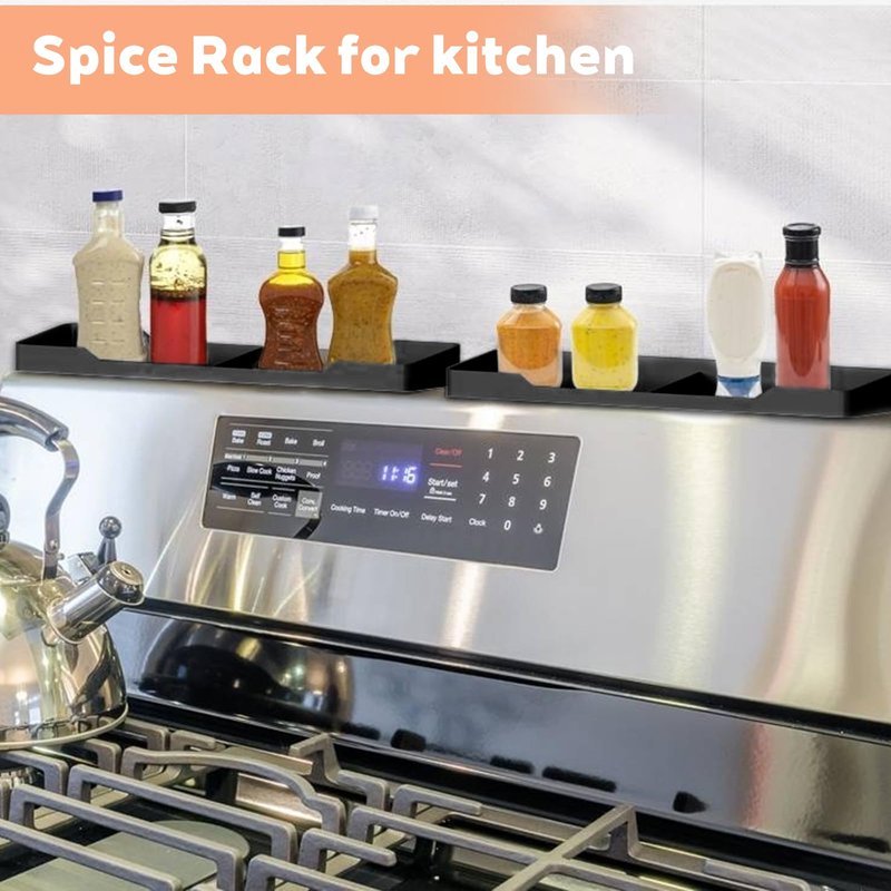 BoBoWalk 30 Inch Magnetic Silicone Stove Top Shelf, Heat Resistant Spice Rack for Kitchen, Space Saving Organizer with 6 Sticky Pads, Fits Back of Stove（Black 30''x3.8''）