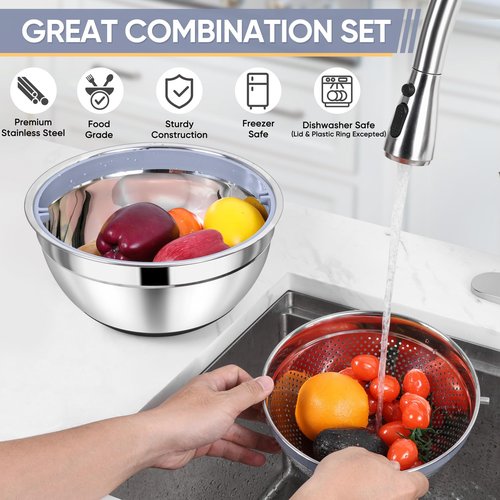 TeamFar 4-1 Colander with Bowl Set, Rotatable Colander for Kitchen, Stainless Steel Food Strainers and Colanders Mixing Bowl with Graters, for Veggies Fruits Washing, Pasta Straining - Black