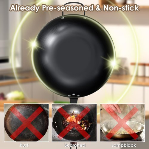 BEETLA Steel Wok Pan, 11.8-inch/12.6-inch/13.4-inch Stir Fry Pans Chinese Wok Flat bottom Iron wok for Induction, Electric, Gas, Halogen All Stoves Ideal for Stovetop Cooking (12.6-inch)