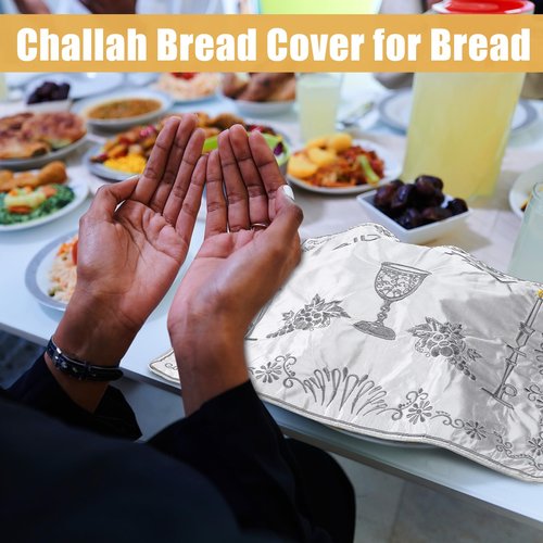 HunnmingRe 4 Pieces White Satin Challah Bread Cover Shabbat Candlestick Silver Embroidery Challah Cover for Shabbat Bread 20 x 16 Inch Tabletop Decorations Israel Judaica Gift