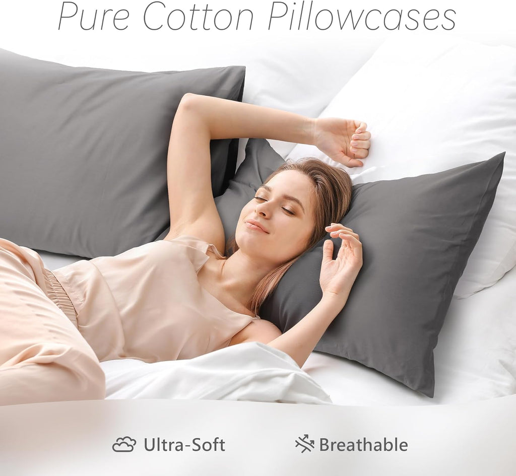 Skiennix 100% Cotton Pillowcase - Soft Gray Queen Size with Envelope Closure | 500 Thread Count, 20x30 Inches