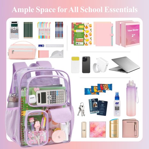 PACKISM Clear Backpack for School Work - 17 inch Heavy Duty Clear Bookbag with Reinforced Bottom, Transparent PVC See Through Security Backpacks for Students with 3 Front Pockets,Purple (Age 12+)