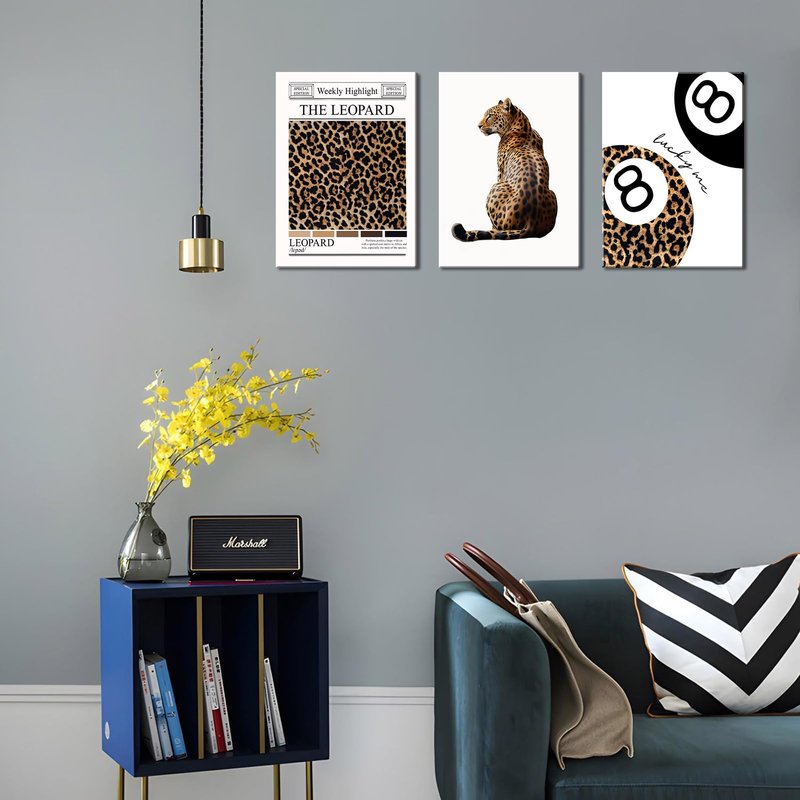 Set of 3 Trendy Leopard Canvas Wall Art Funky Lucky 8 Ball Posters Prints Preppy Room Aesthetic Cheetah Wall Decor Pictures for Girly Bedroom Apartment Dorm 16x24in