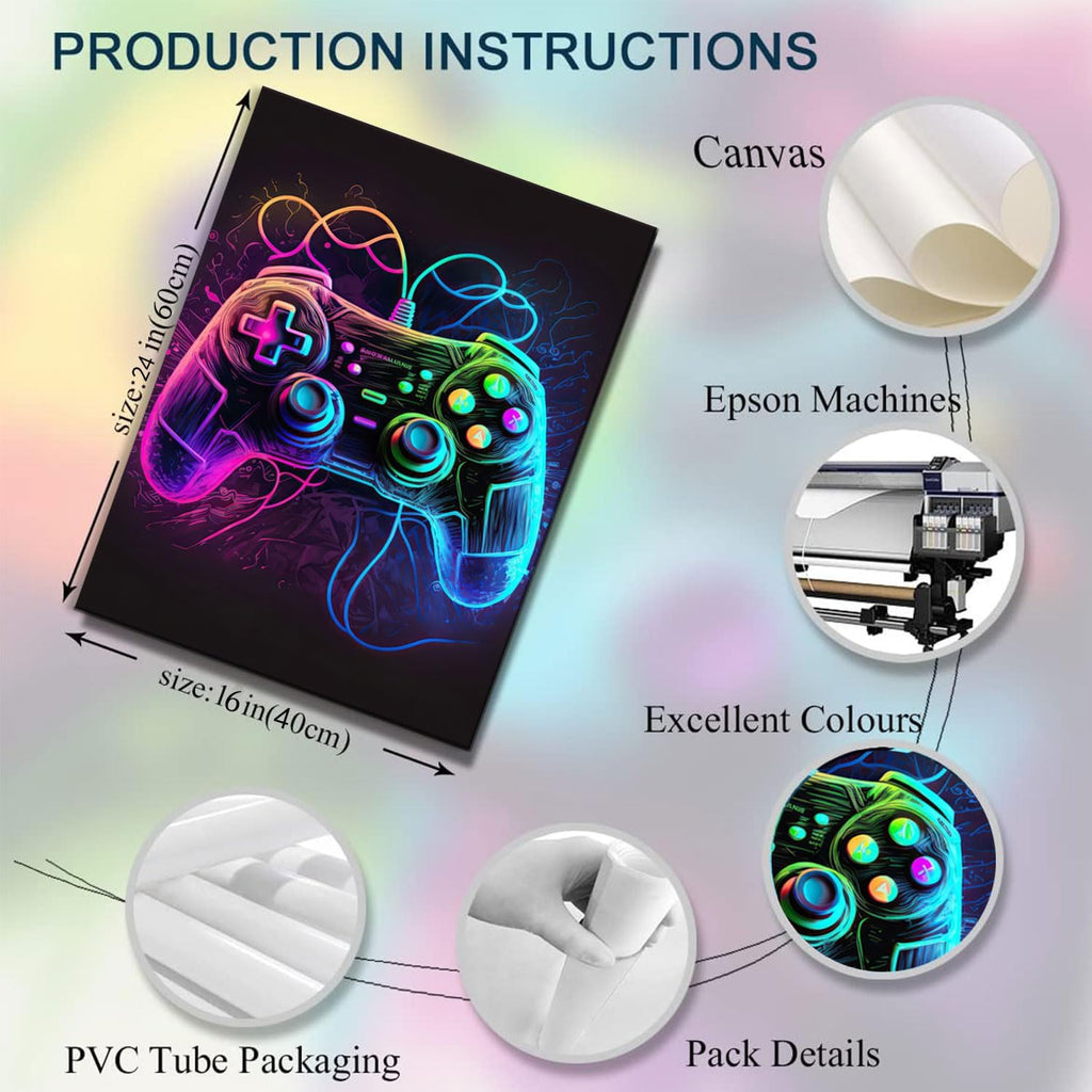 Riveda Gaming Wall Art - Colorful Neon Gamepad Canvas Prints for Boys' Room | Unframed 16"x24" (3pcs)