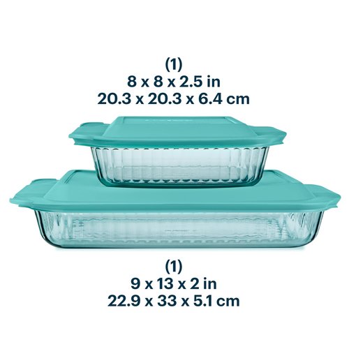 Pyrex Colors Tinted (2-Pack, Full Set) Tinted Glass Baking Dish with BPA-Free Lid, Oblong Bakeware Glass Pan For Casserole & Lasagna, Dishwasher, Freezer, Microwave and Pre-Heated Oven Safe, Aqua
