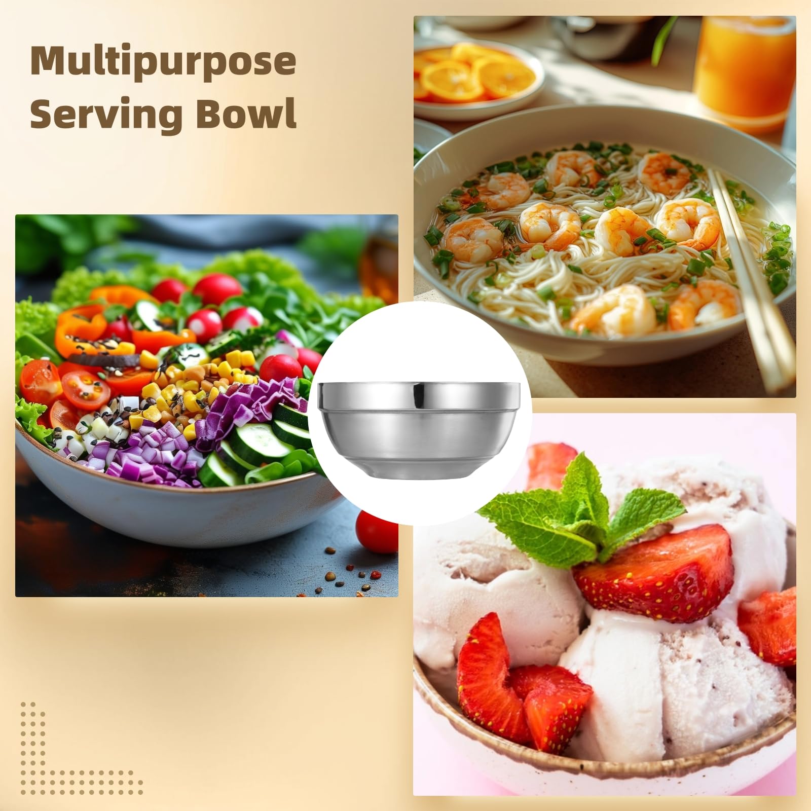 Epicover 8 PCS Insulated Stainless Steel Bowls, 24 oz Double Wall Soup Bowl, Cold & Heat Resistant Metal Mixing Bowls, Non-Slip Serving Bowl for Salad Cereal Desserts Fruits