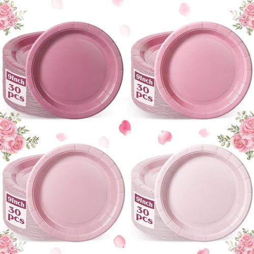 Xiangqu 120 Pcs Dusty Pink Paper Plates, 9 inch Mothers Day Plates Birthday Cake Dessert Plate Gradient Pink Dinner Plate for Mothers Day Baby Bridal Shower Birthday