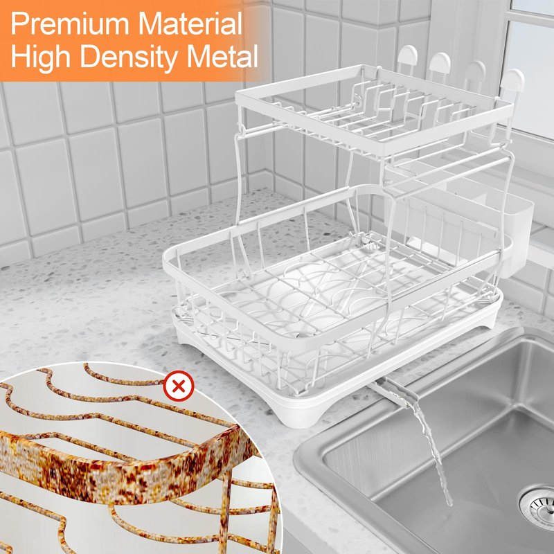 Dish Drying Rack - 304 Stainless Steel Dish Rack for Kitchen Counter , Adjustable Spout Auto-Draining Dish Rack, 2-Tier Kitchen Organizers and Storage Rack with Drainboard and Cutlery Holder White