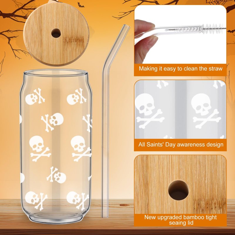 Umigy 4 Set 16oz Halloween Glass Cups Funny Ghost Witch Iced Coffee Can Cup Tumblers Pumpkin Fall Decorations Drinking Glasses with Lids Straws Brushes Halloween Birthday Gift for Women Men(Classic)