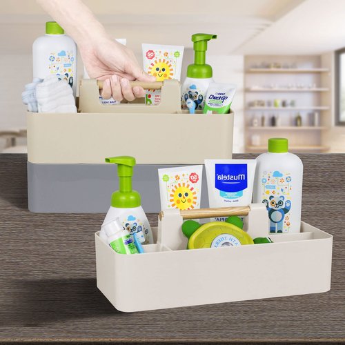 ChengFu Baby Shower Caddy Plastic Nursery Portable Storage Organizer Caddy Tote for Child/Kids, Divided Basket Bin with Wood Handle for Bathroom, Dorm Room, Holds Hand Soap, Bottles, Spoons (Beige)
