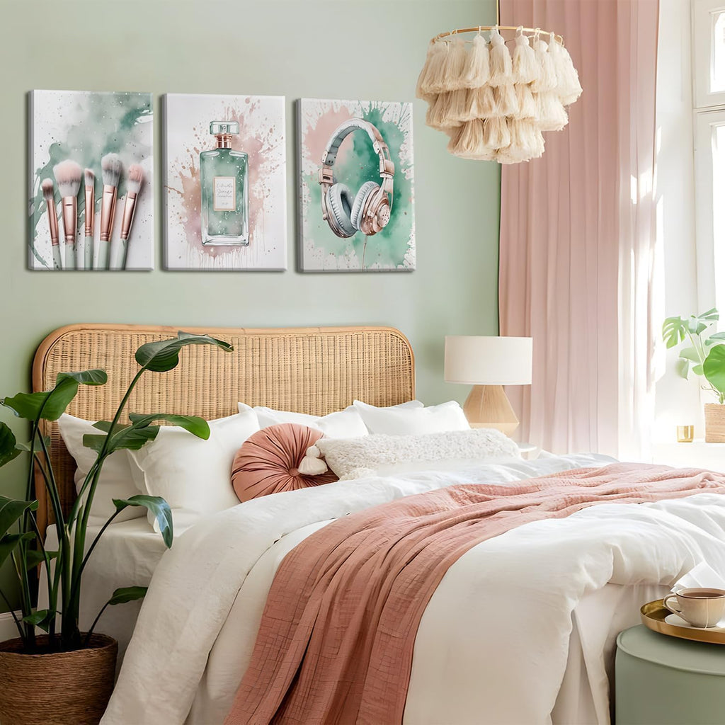 Skiennix Fashion Makeup Canvas Wall Art Set of 3 - Trendy Pink & Sage Green Decor for Teen Girls | 12x16 Inch Framed