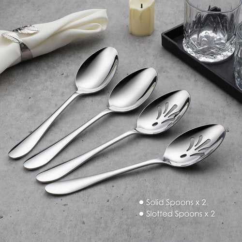 E-far 4-Piece Serving Set | Stainless Steel Buffet Utensils - 2 Spoons & 2 Slotted Spoons, 8.5-Inch, Dishwasher Safe