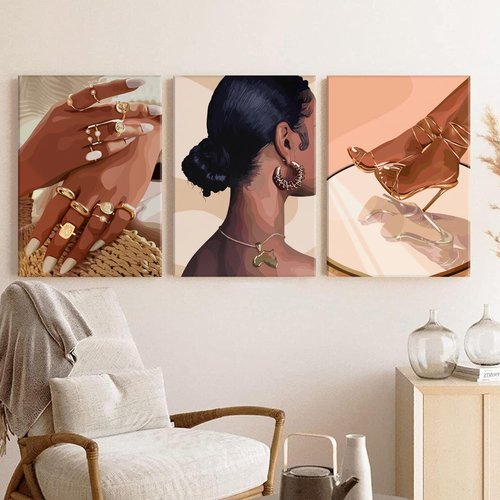 Julaydi Black Girl Wall Art Abstract African American Decor Posters Fashion Black Woman Canvas Prints Modern Black Female Painting Pictures for Bedroom Living Room Bathroom 16x24in Set of 3 Framed