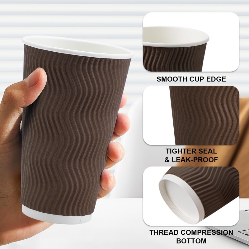 Clawsoff 90 Pack 16 oz Coffee Cups Disposable,Insulated Paper Coffee Cups,Corrugated Ripple Wall Design Paper Cup,Hot Cold Drinking Cup for Party, Picnic, Travel, Business, Home