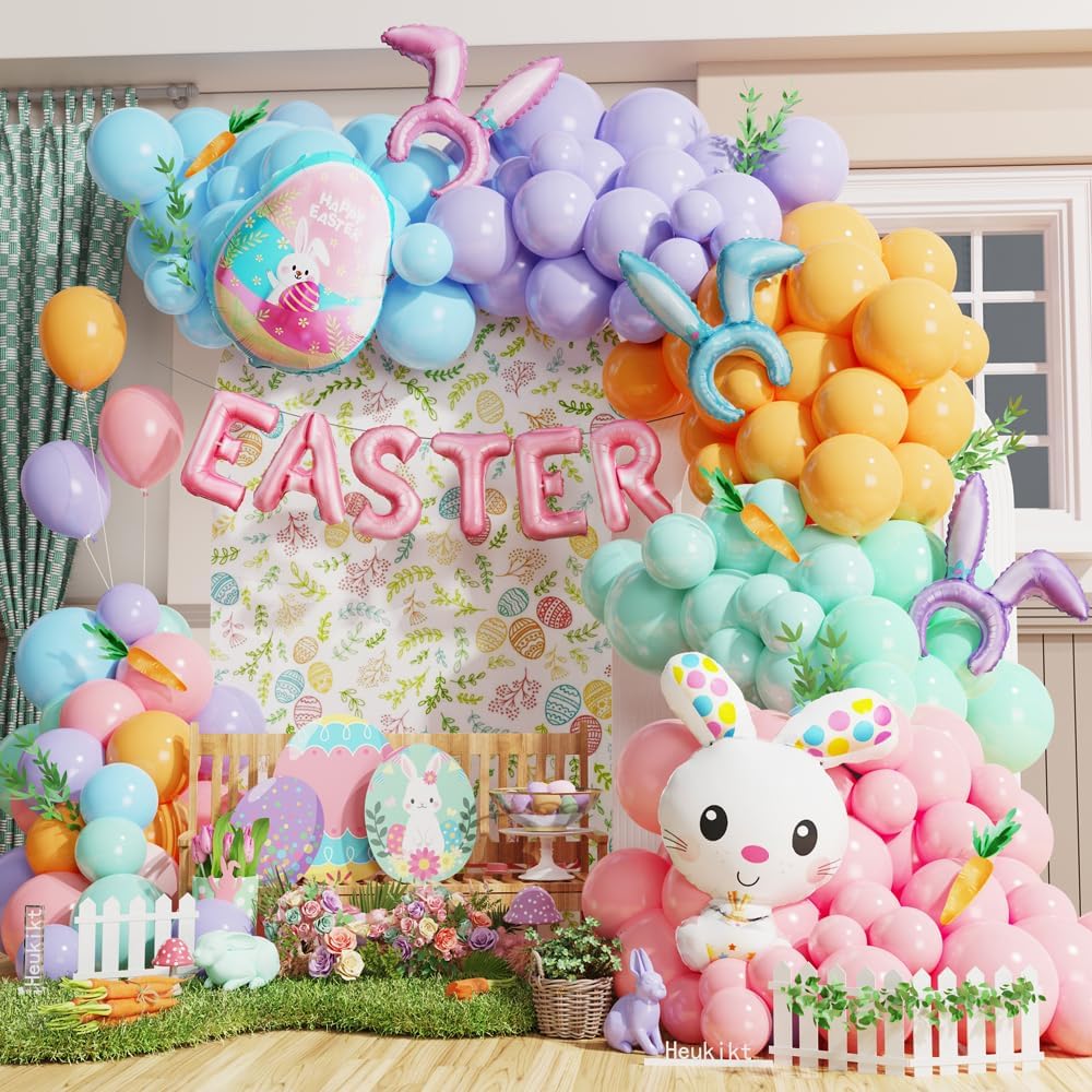 Pastel Easter Balloon Arch Kit by [Brand Name] - 145PCS with Bunny Ear Headband & Foil Balloons for Spring Celebrations