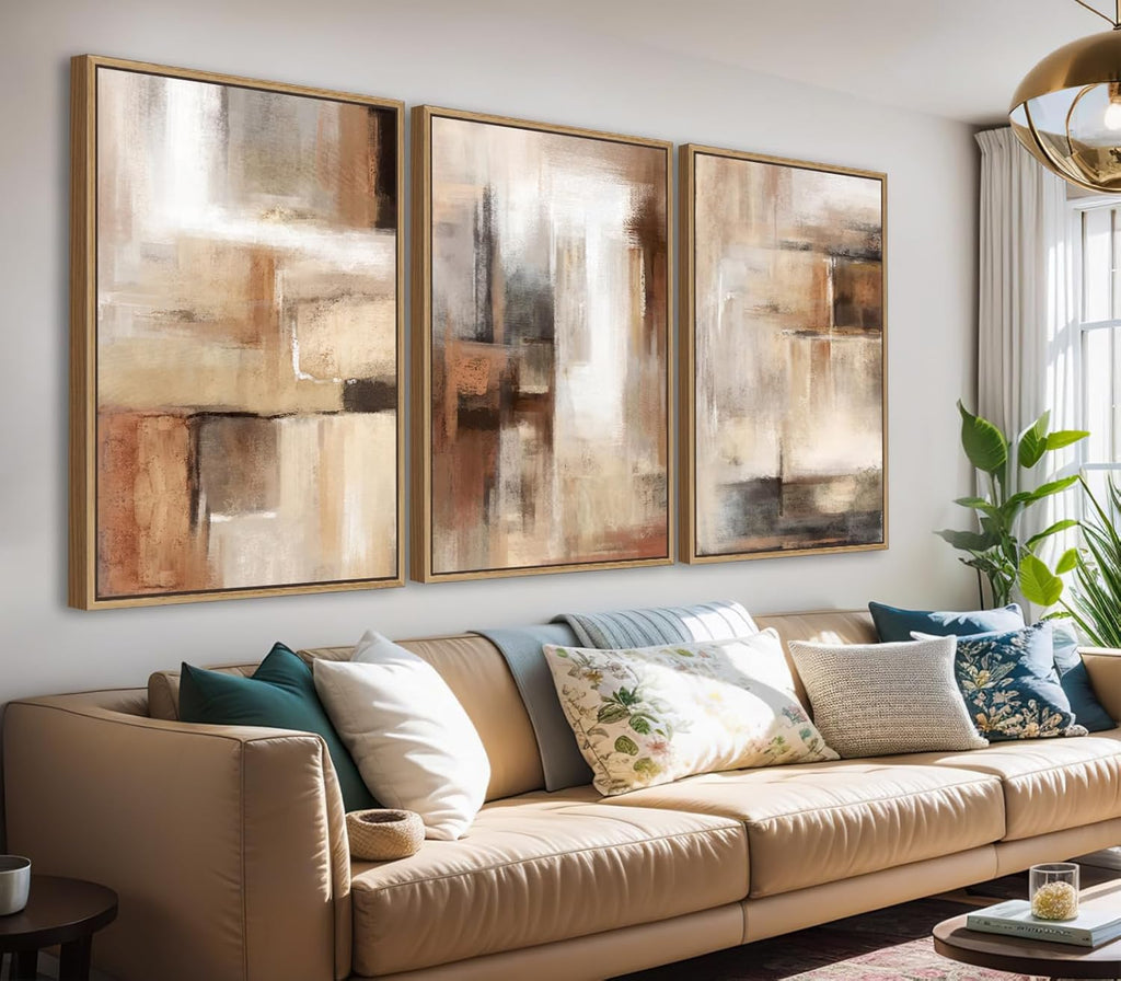 Natural Float Framed Canvas Wall Art by Large Framed | Brown Abstract Paintings for Living Room Decor - Set of 3, 48" X 24"