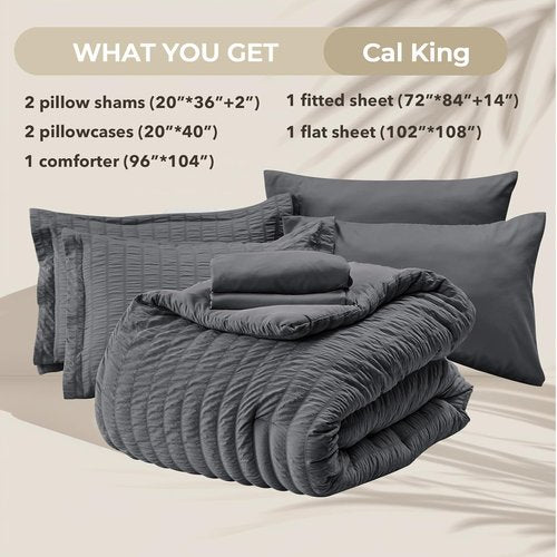 HYMOKEGE California King Comforter Set - 7-Piece Luxury Bedding in Dark Grey | All-Season Seersucker Design