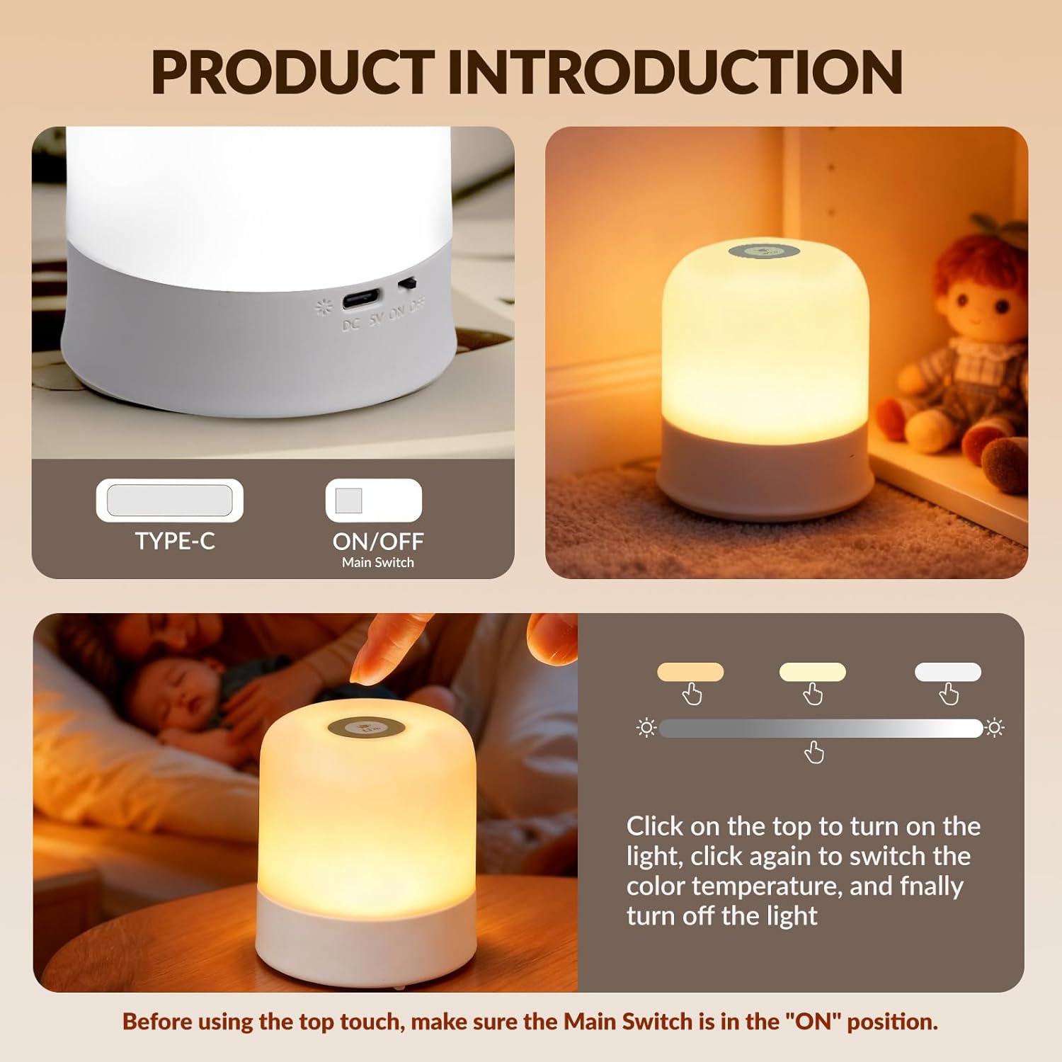 Skiennix Portable Baby Night Light - Dimmable Touch LED Lamp with 3 Colors | Rechargeable 2400mAh