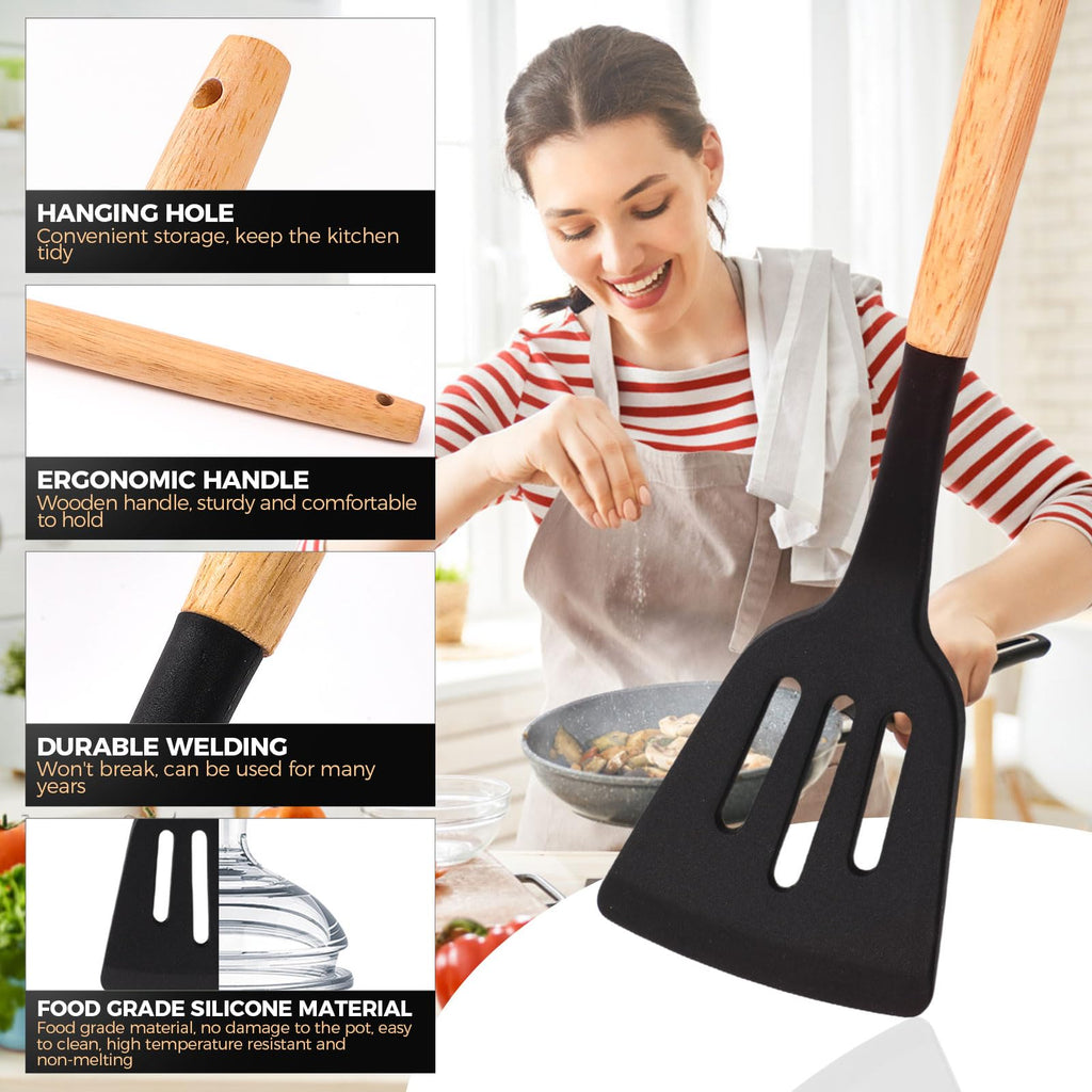 Silicone Cooking Utensils Set, 34 PCS Kitchen Utensils Set, 446℉ Heat Resistant Non-Stick Silicone Cooking Kitchen Utensils with Wooden Handle, Kitchen Gadgets Tools Set for Nonstick Cookware