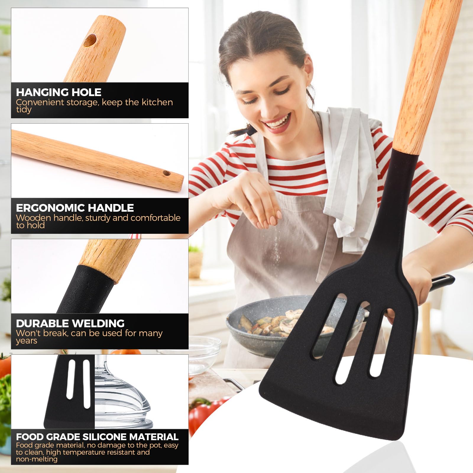 Silicone Cooking Utensils Set, 34 PCS Kitchen Utensils Set, 446℉ Heat Resistant Non-Stick Silicone Cooking Kitchen Utensils with Wooden Handle, Kitchen Gadgets Tools Set for Nonstick Cookware