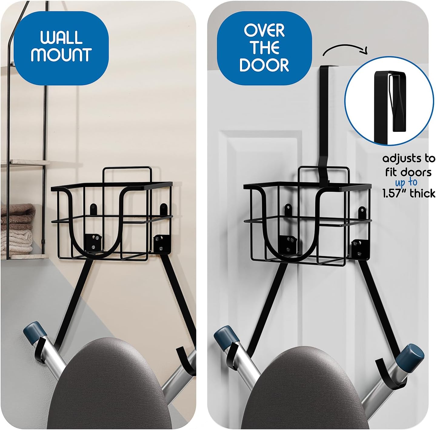 T&V Shaped Ironing Board Holder - Wall Mount & Over The Door Hanger | Heat Reflective Cover & Pad Set