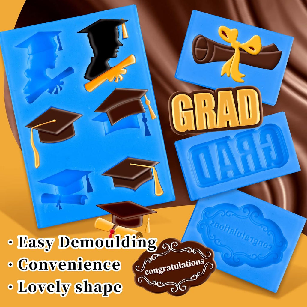 Whaline Graduation Mini Fondant Molds - 4 Pack Silicone Graduation Cap & Diploma | Blue Cake Decor