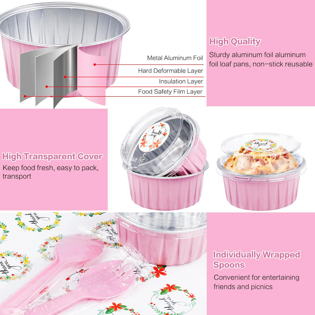 ZOXILEN 120Pcs Mini Cake Pans with Lids Aluminum Foil, 5oz Disposable Mini Loaf pans with Lids and Spoons, Small Baking Cups Pie Tins Muffin Pan Cheesecake Containers for Party Pink Round