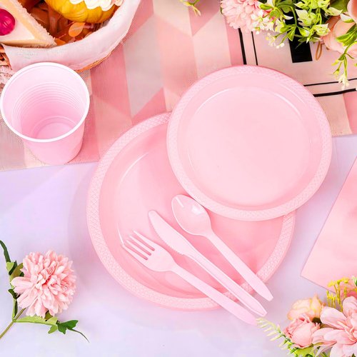 WELLIFE 210 PCS Pink Plastic Plates for 30 Guests - Disposable Dinnerware Set Including Dinner Plates, Dessert Plates, 12oz Cups, Cutlery & Napkins, Pink Party Plates