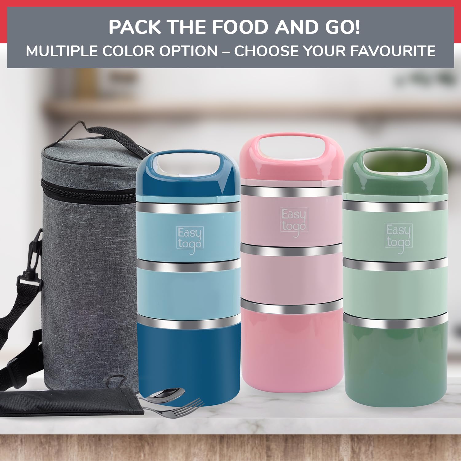 Easy Togo 3 Tier Lunch Box 43Oz-Blue Stainless Steel Stackable Lunch Box with Lunch Bag & Cutlery Set, Portable Lunchbox, Portion Control Meal Prep Togo Lunch Containers for Adults, Women, Men
