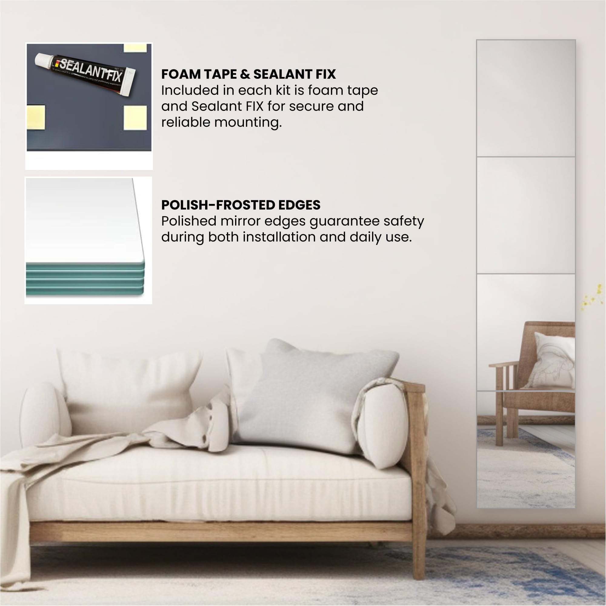 Dulles Glass - Wall Mirrors, 12''x 10'' Glass Wall Mirror Tiles (16 PCS), Large Full Body Mirror for Home Gym, Bedroom, Door, Bathroom, Frameless Mirror Tiles (Glass - 12'' x 10'' - 16PCS)