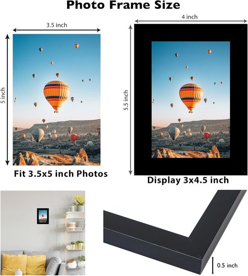 JCJMY 3.5x5 Black Picture Frame - Shatter Resistant Plexiglass for Wall or Tabletop Display
