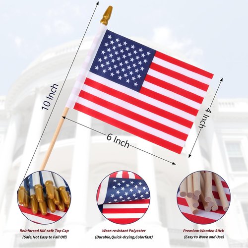 HOOSUN Mini American Flags on Stick - 12 Pcs 4''x6'' USA Flags for 4th of July & Memorial Day Decor