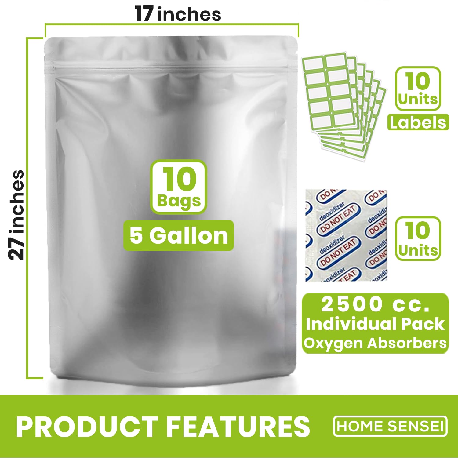 10pcs 5 Gallon Mylar Bags for Food Storage - 10 Mil Thick - Extra large bags 5 Gallon with Oxygen Absorbers 2500cc - Zipper Resealable Milar Bags - Bolsas Mylar 5 Galones
