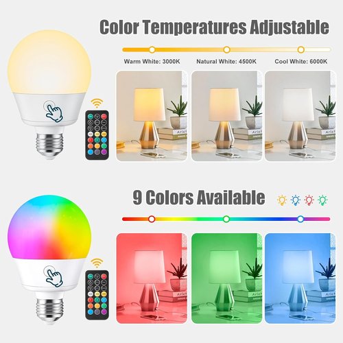 Brightown E26 Rechargeable Light Bulb - Remote & Timer, Dimmable with 3 Color Temperatures + 9 RGB Colors | 2 Pack