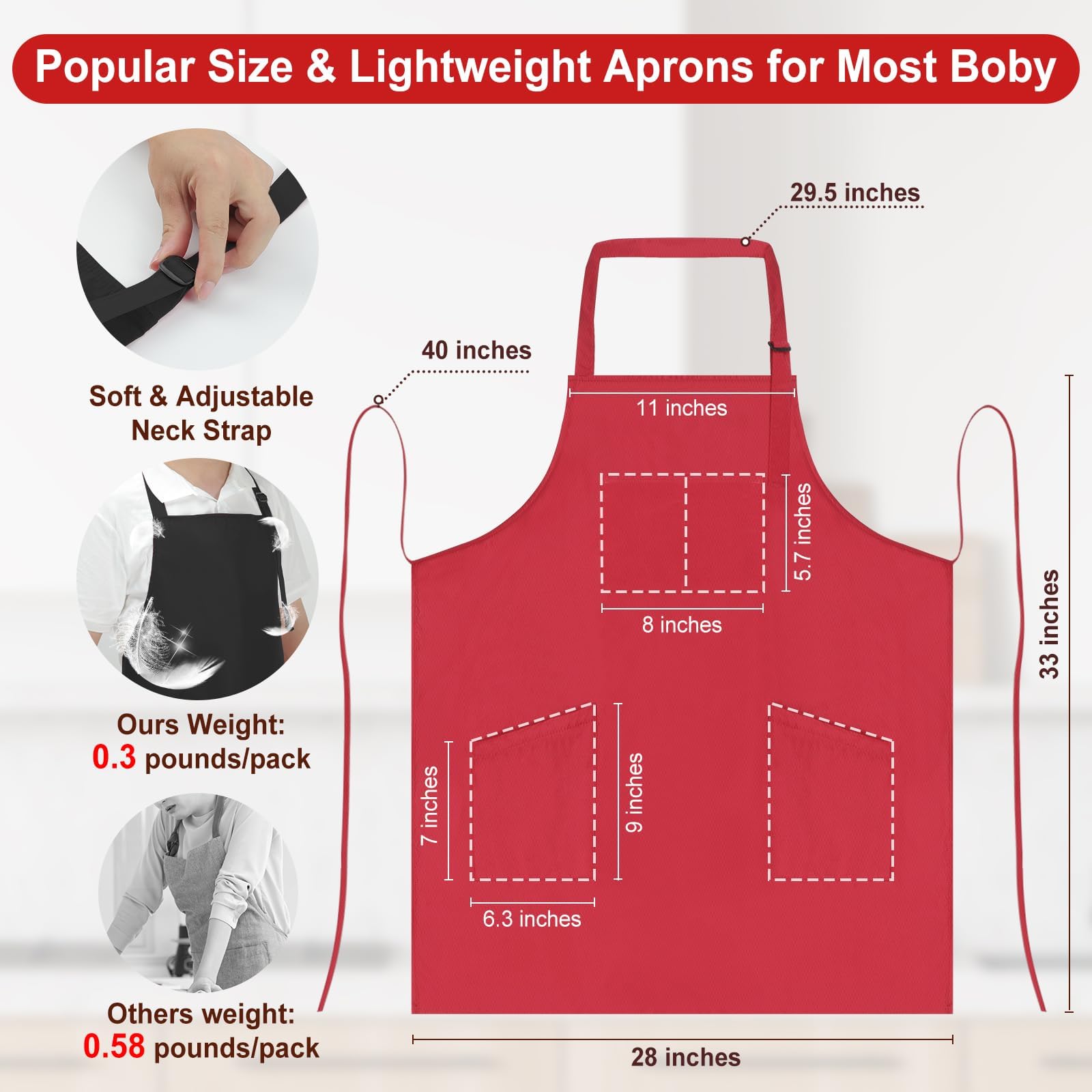 SHEOMERN 3 Pcs Dual Waterproof Oilproof Kitchen Chef Aprons with 4 Pockets for Men Women, Adjustable Soft Anti-Tear Cooking Bib Apron for Baking Grilling BBQ Painting Cleaning (Red)