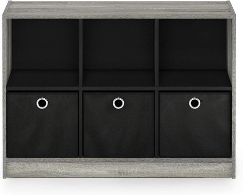 Furinno Basic 3x2 Cube Storage Bookcase - Stylish Organizer with Bins in French Oak Grey/Black