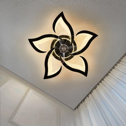 haodengshi 27" Black Geometric Ceiling Fan Lights with Remote, 6 Speeds Adjustable Low Profile Flush Mount Ceiling Fan with Light for Kitchen Bedroom