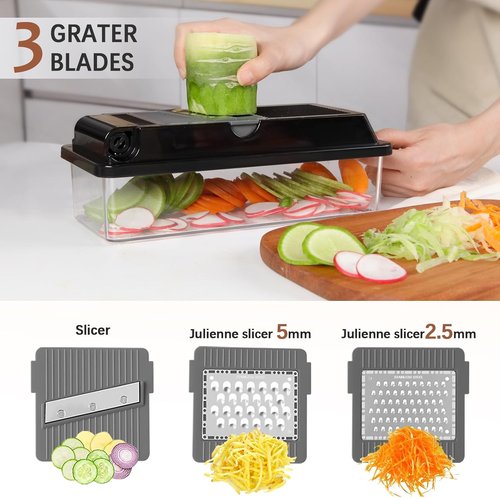 LHS Professional Vegetable Chopper - 7-in-1 Food Chopper with Storage Containers & Mandoline Slicer | Black
