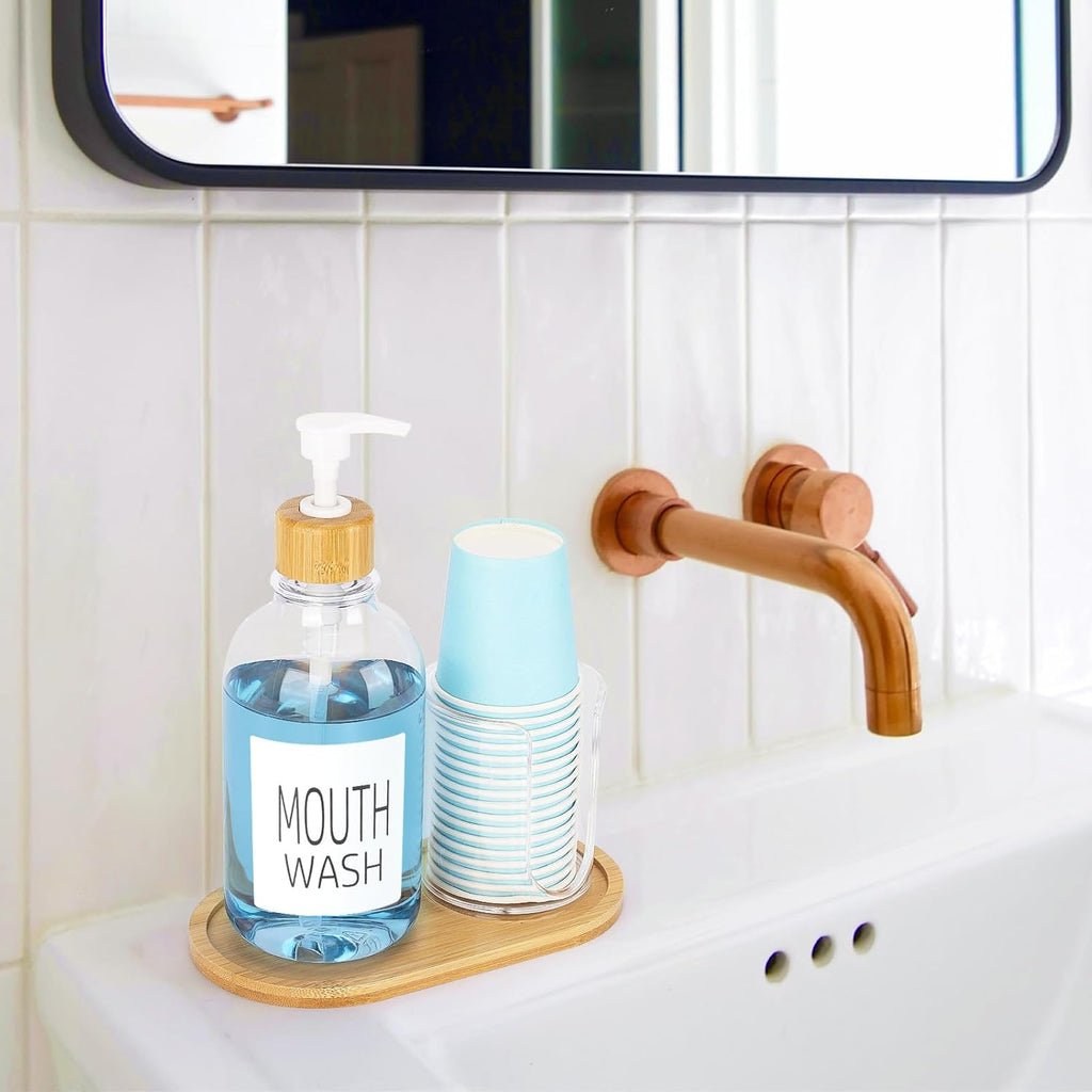 Regine Switzerland Mouthwash Dispenser - 17oz Refillable Clear Pump Bottle with Cup Holder & Tray