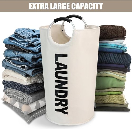 DOKEHOM X-Large Laundry Basket - Collapsible Freestanding Hamper | Foldable Beige Washing Bin 125L
