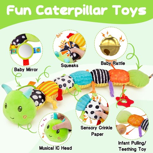 Baby Sensory Toy - Plush Caterpillar Music Toy with Mirror & Crinkle Rattle for Infants 0-6 Months