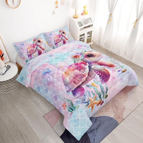 Cute Floral Sea Turtle Comforter Set for Girls Kids Teens, Queen Size Ocean Tortoise with Flower Bedding Quilt with 2 Under Sea Life Pattern Pillowcases- 90" x 90" (Queen, 03)