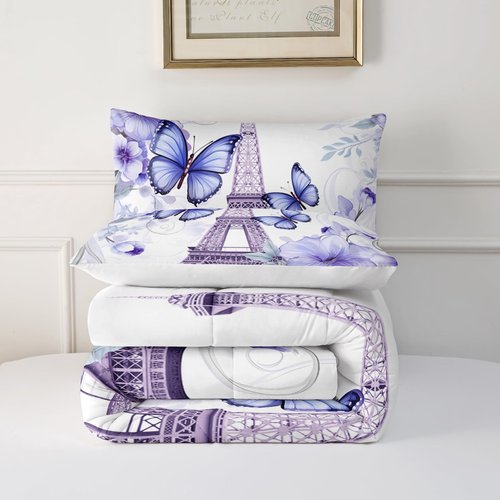 OUIXOTIC Purple Paris Eiffel Tower City Bedding Set for Girls Kids Women Couple Bedroom, Butterfly Quilt Queen Size Comforter for Audlt, 3Pcs Flower Comforter Set with1 Comforter and 2 Pillow Cases