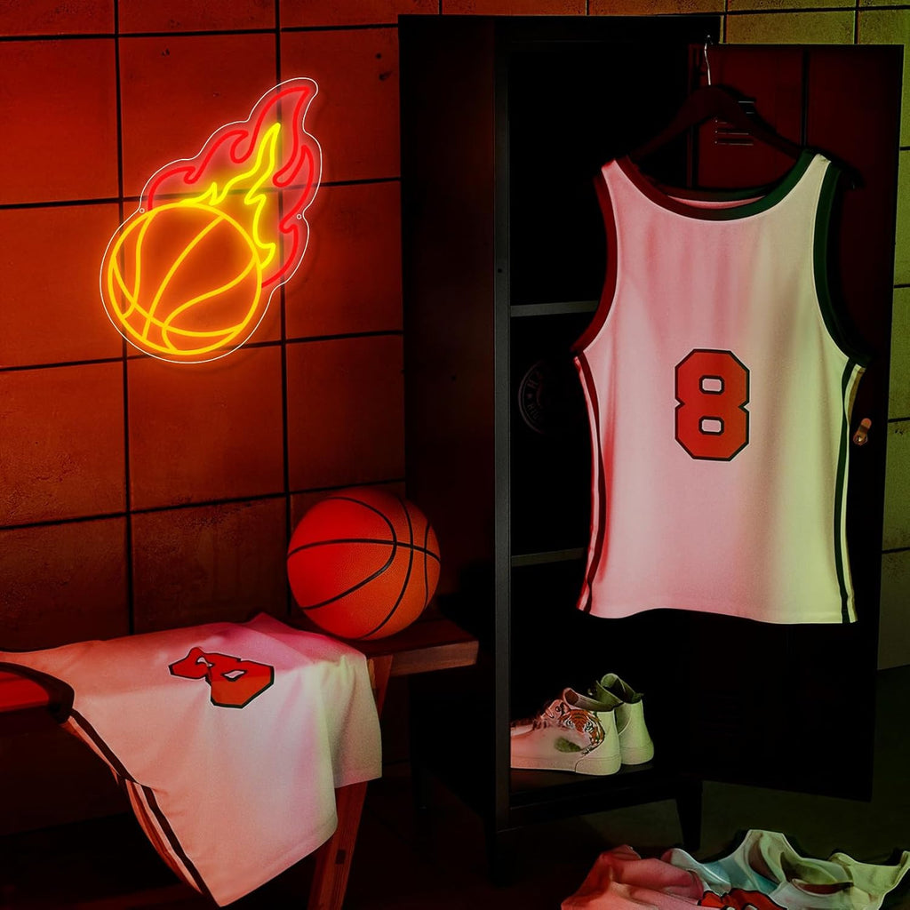 Skiennix Basketball Neon Sign - Dimmable LED Flame Light for Boys' Bedroom Decor | Orange & Red