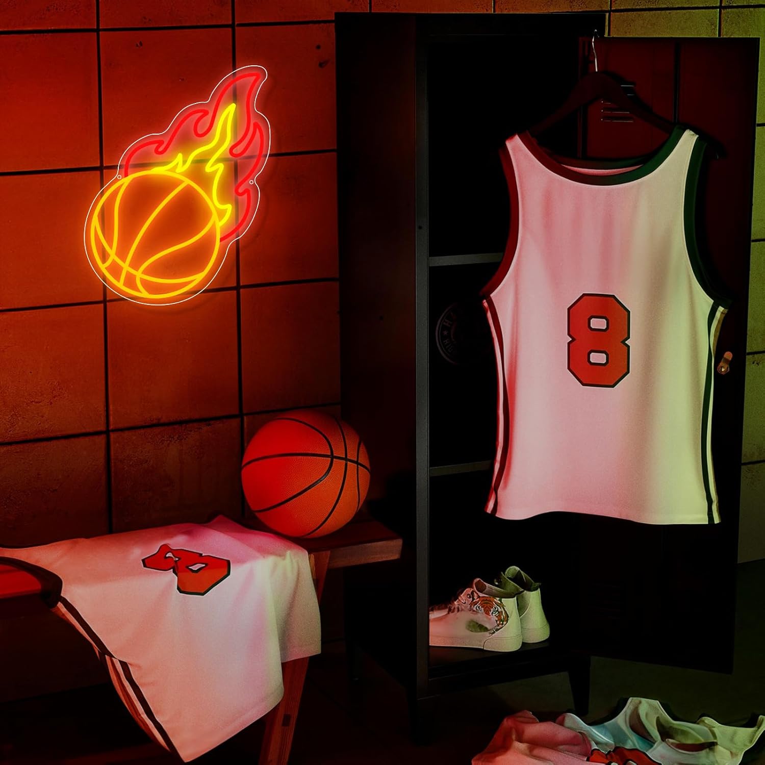 Skiennix Basketball Neon Sign - Dimmable LED Flame Light for Boys' Bedroom Decor | Orange & Red
